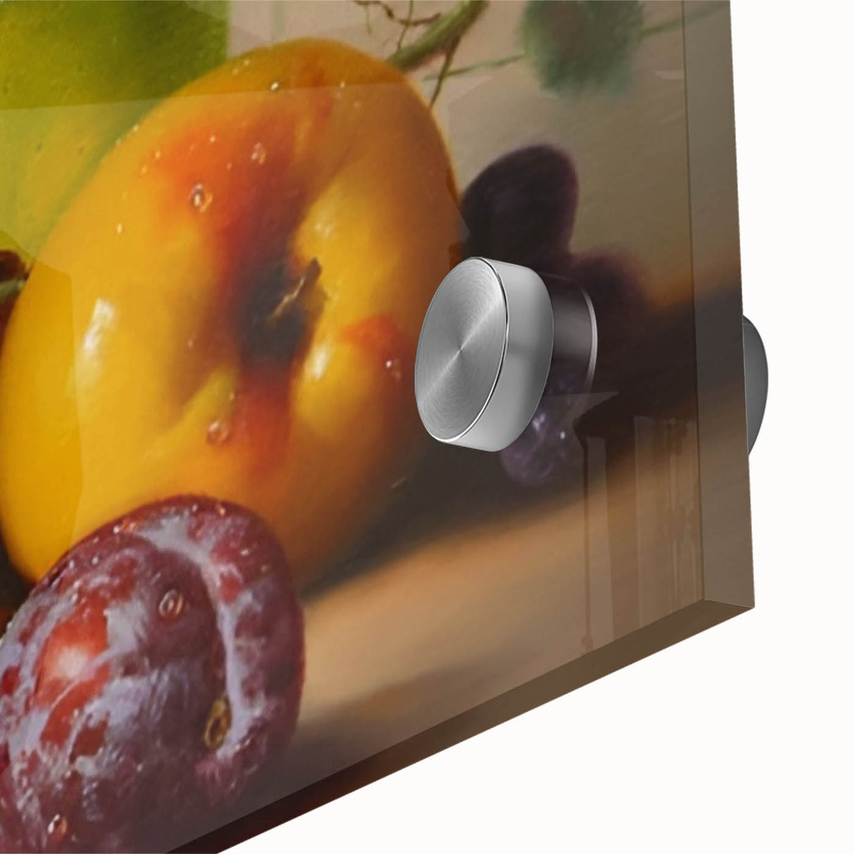 Large abstract wall art featuring assorted fruits in bright colors on acrylic glass, ideal for dining room decor.