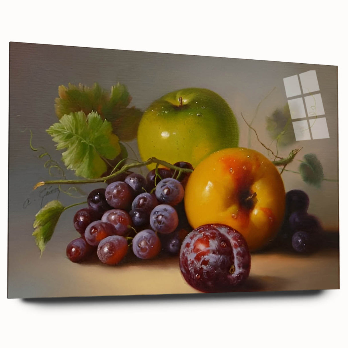 Large abstract wall art featuring assorted fruits in vibrant colors on acrylic glass, ideal for bedroom or dining room decor.