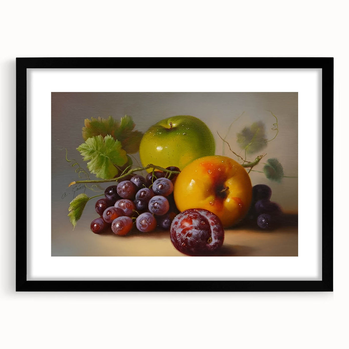 Extra large abstract art print featuring textured, colorful fruit designs on a black framed canvas.