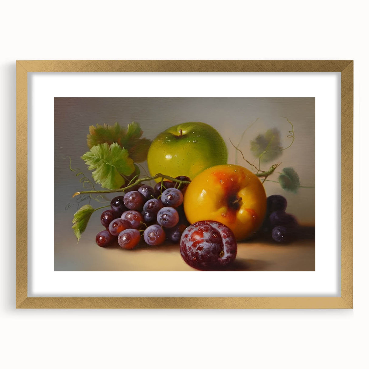 Extra large abstract art print featuring textured fruits in vibrant colors, framed in gold, ideal for living room decor.