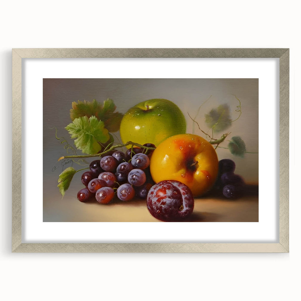 Textured abstract art print featuring assorted fruits in muted colors, framed in silver, ideal for bedroom art.