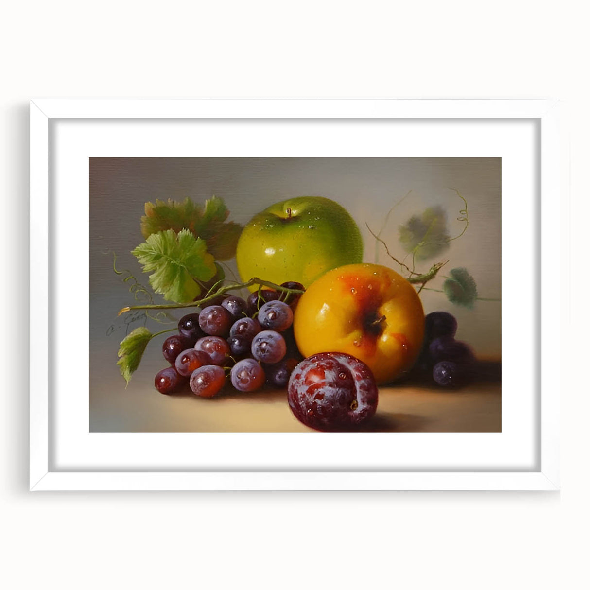 Abstract art print of assorted fruits in vibrant colors, framed with a white mat, ideal for dining room decor.