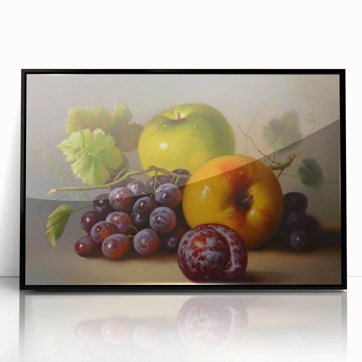 Large abstract wall art featuring assorted fruits in bold colors on a black acrylic framed print.