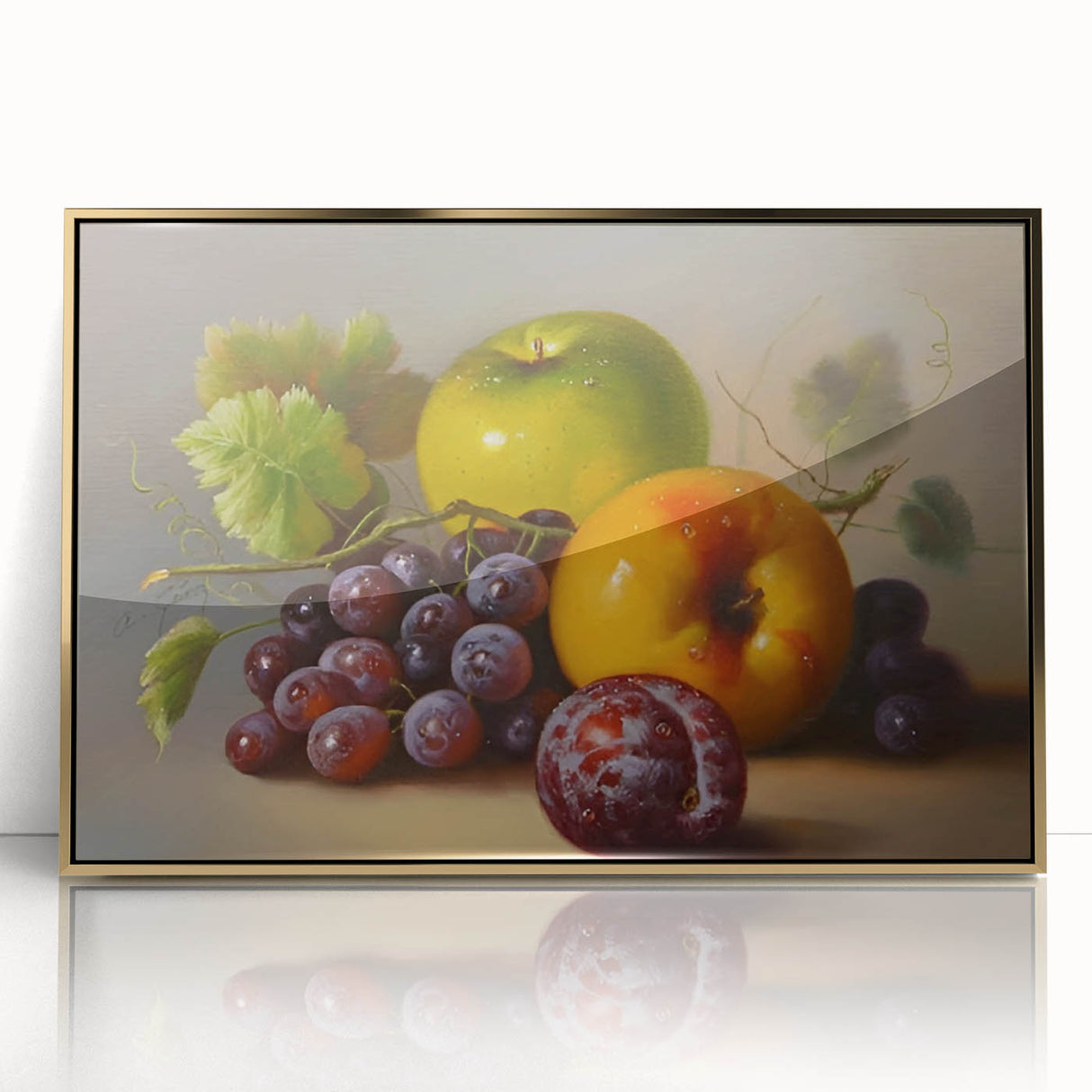 Mid-century modernist acrylic print of vibrant colored fruits, framed in gold, ideal for modern kitchen decor.