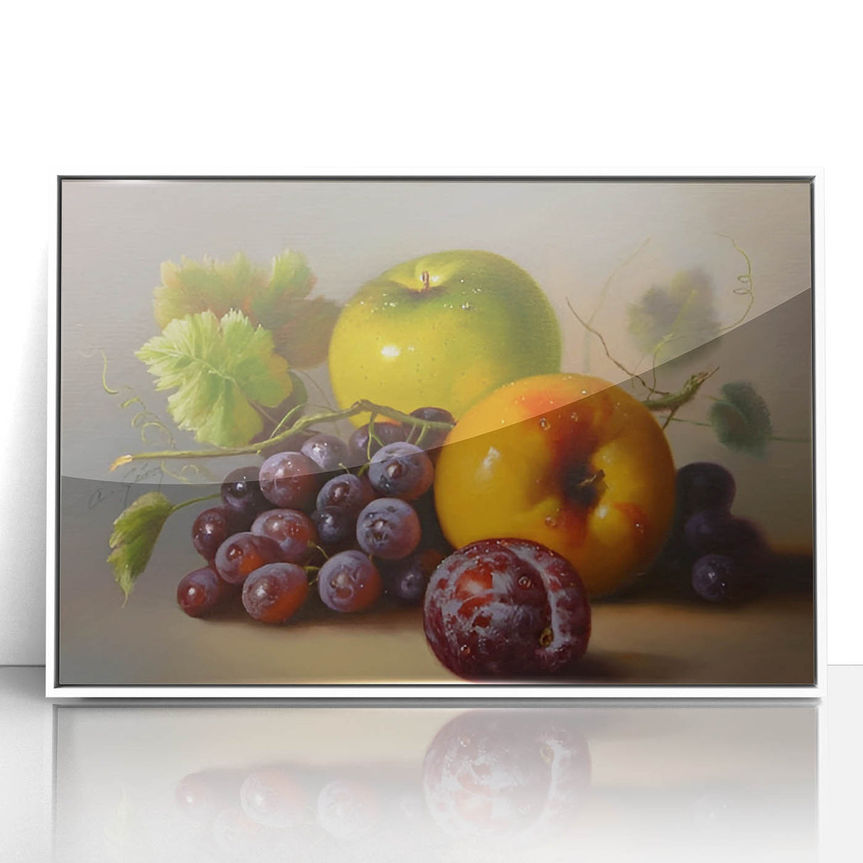 Acrylic print of colorful fruits in art deco style, framed in white, suitable for modern nursery decor.