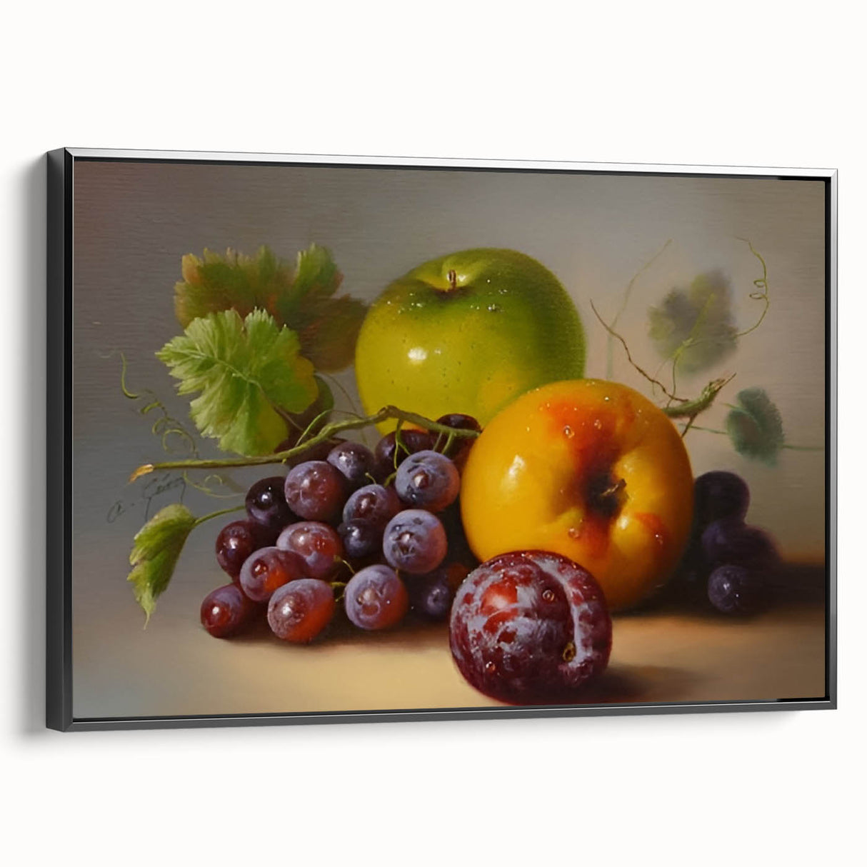 Black and white vintage poster art of assorted fruits on framed canvas, suitable for bedroom wall decor.