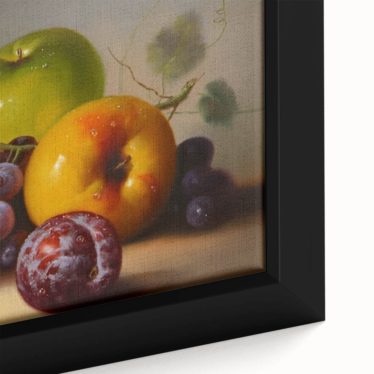 Extra large framed canvas featuring black wall art with textured, colorful fruit designs, suitable for living room decor.