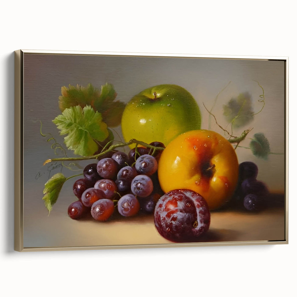 Framed canvas featuring a vintage poster art of assorted fruits in a black and gold color scheme.