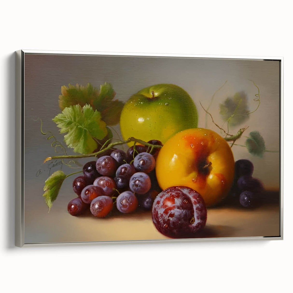 Framed canvas of vintage poster art featuring colorful fruits on a black background, ideal for kitchen wall decor.