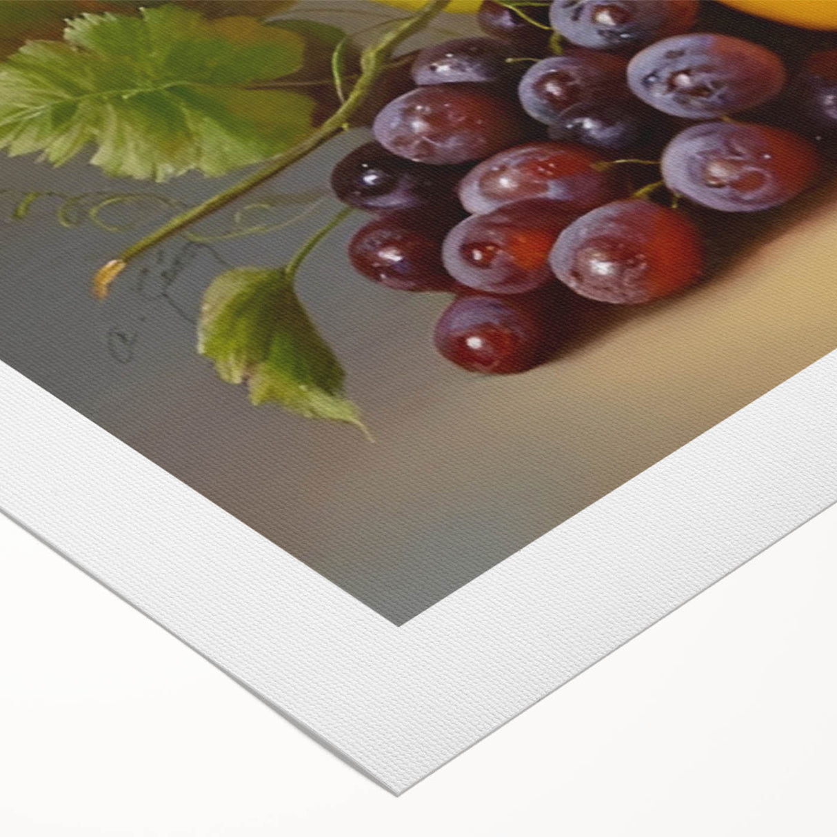 Art deco poster featuring an array of colorful fruits on rolled canvas, ideal for dining room wall art.