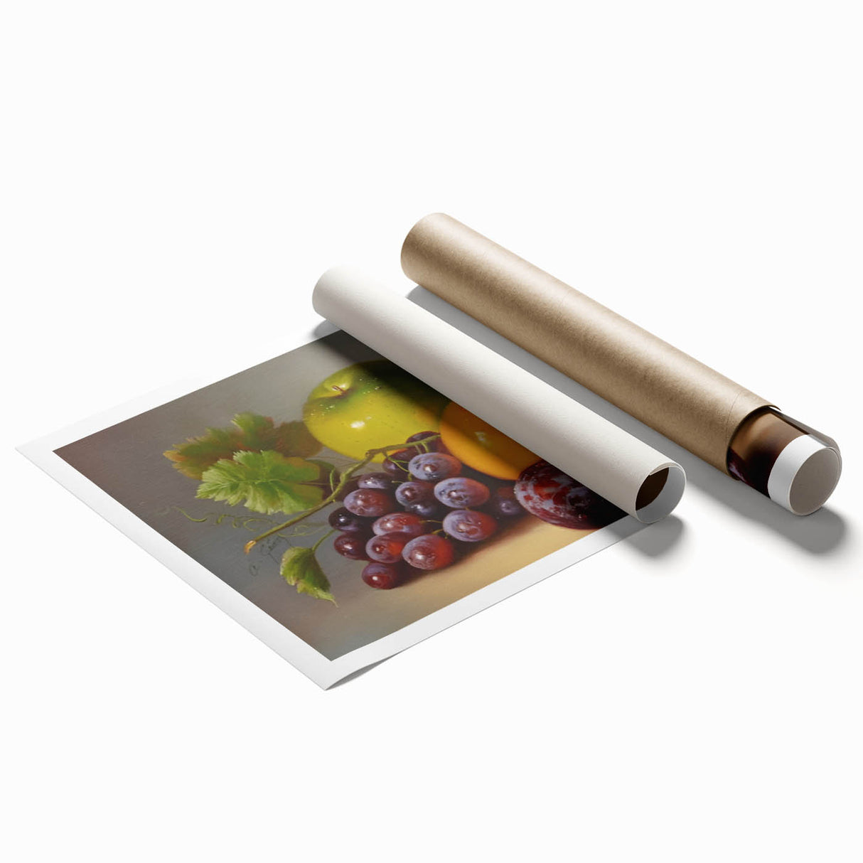 Extra large rolled print of vibrant fruits and floral art, ideal for classy bathroom wall art.