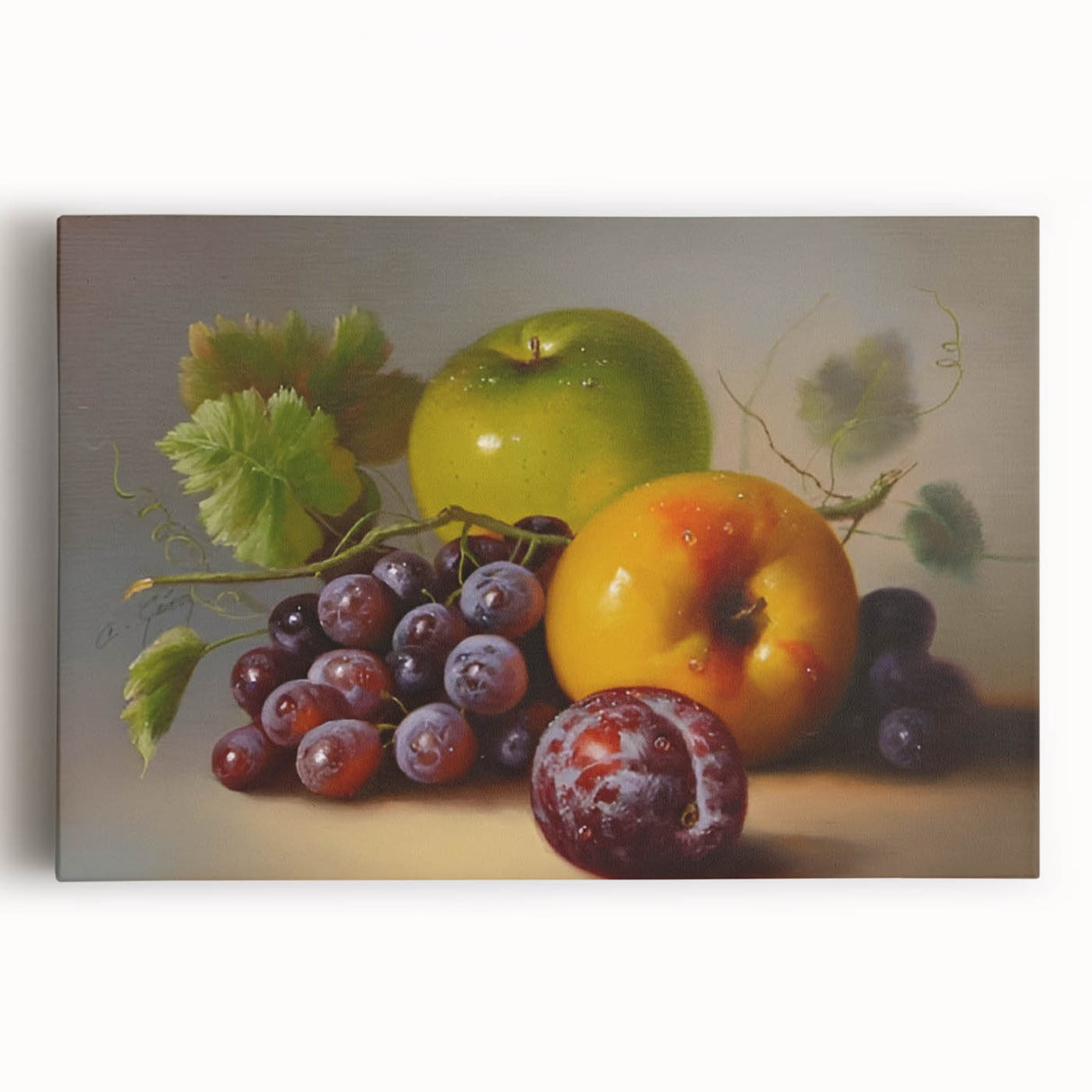 Black and white stretched canvas featuring an assortment of fruits, ideal for kitchen wall art.