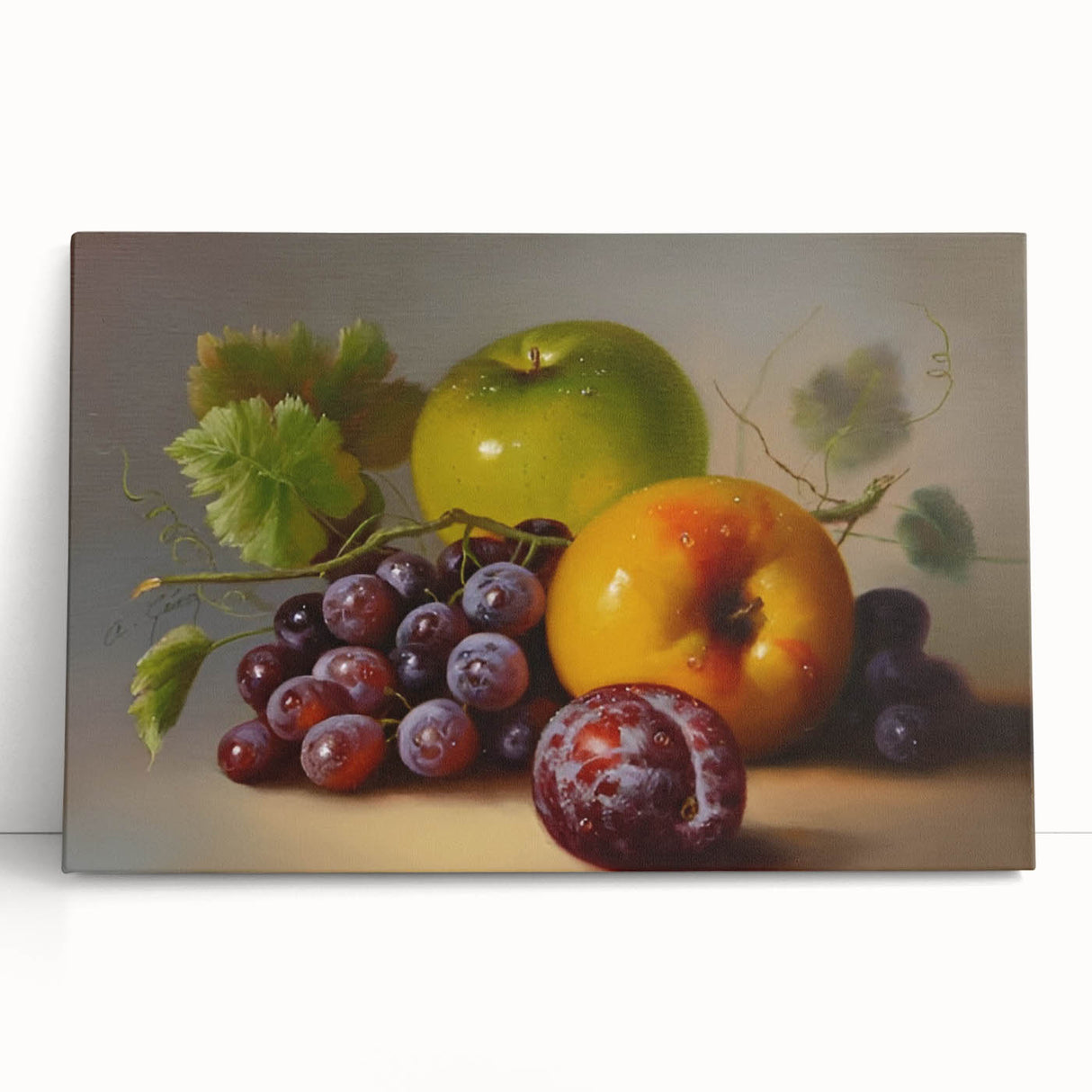 Large black and white stretched canvas featuring an array of fruits, ideal for kitchen wall art.