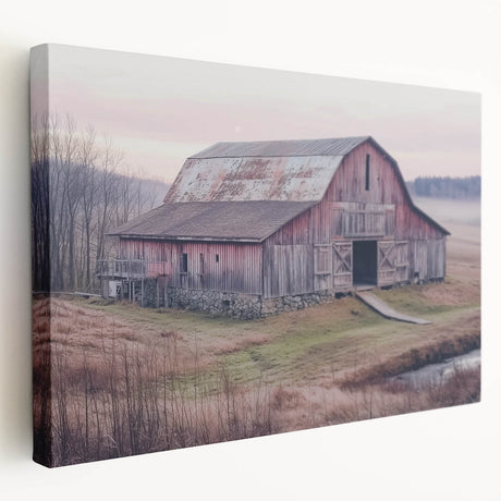 Stretched canvas art displaying a serene landscape scene with a rustic barn, showcasing vibrant colors and fine details, perfect for home decor.