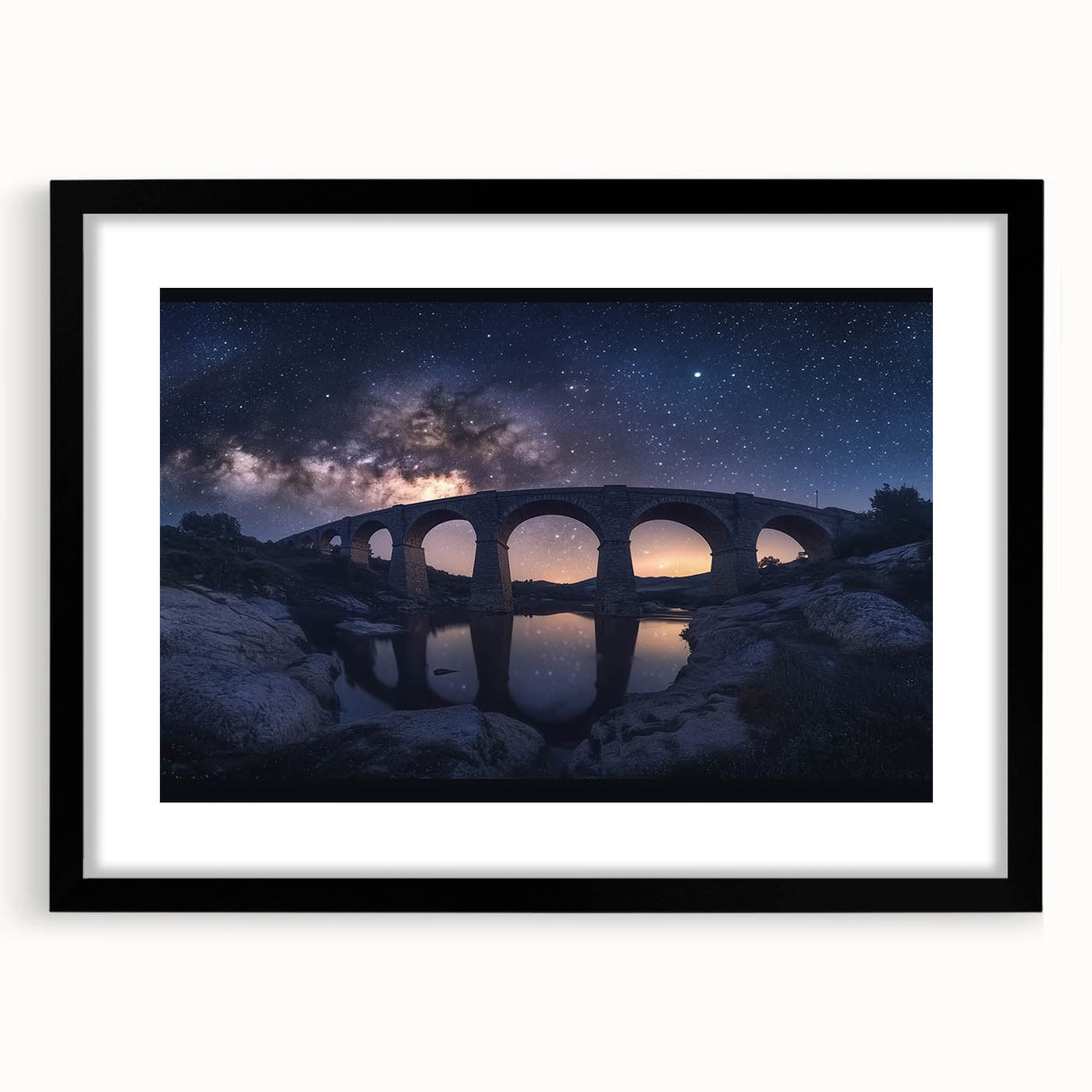 Landscape bridge frame with a black mat, showcasing a modern design. The frame's sleek lines and matte finish enhance the artwork's elegance, making it ideal for contemporary decor.