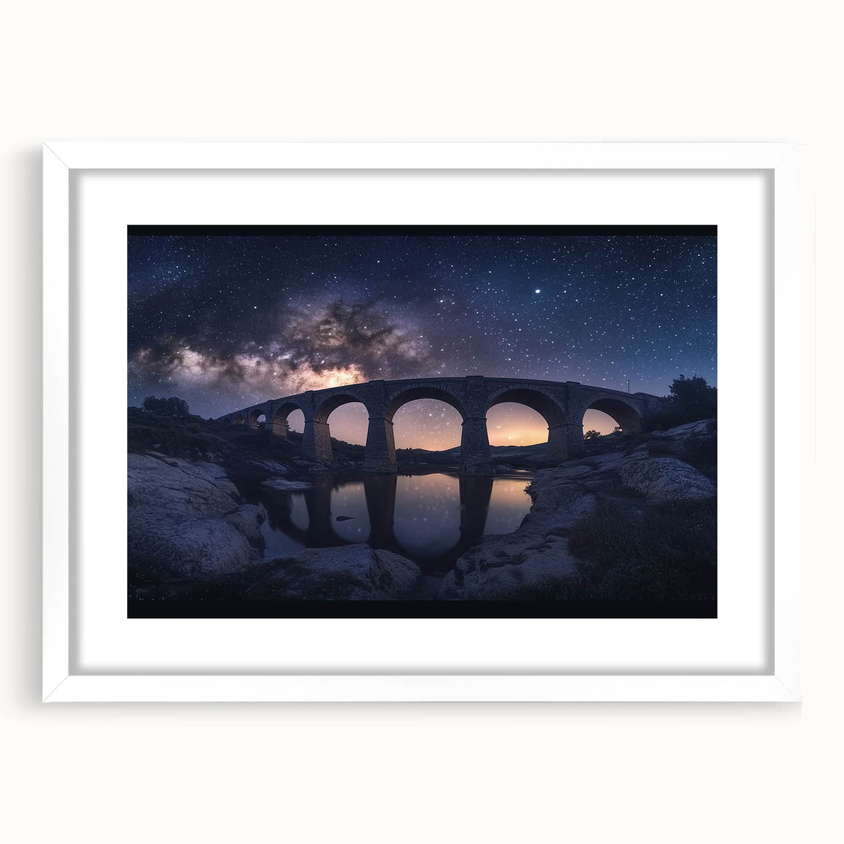 Landscape bridge frame with a white mat, showcasing an elegant design that enhances artwork display. Ideal for modern decor and gallery presentations.