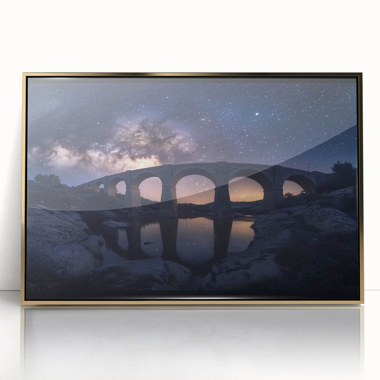 Framed acrylic artwork depicting a stunning landscape bridge scene with golden hues, perfect for adding elegance to modern home decor. Ideal for art lovers seeking unique wall enhancements.