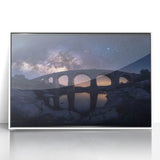 Framed acrylic landscape artwork depicting a serene bridge scene with lush greenery and a clear blue sky, ideal for enhancing home decor.