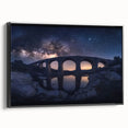 Framed canvas art depicting a serene landscape with a bridge, showcasing rich greens and blues, ideal for home decor or office settings. Perfect for nature lovers.