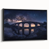 Framed canvas art depicting a serene landscape with a bridge, showcasing rich greens and blues, ideal for home decor or office settings. Perfect for nature lovers.