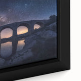 Framed canvas art showcasing a serene landscape bridge scene with vibrant colors and intricate details, perfect for enhancing home decor.