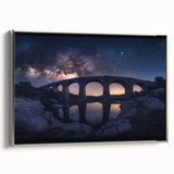 Framed canvas artwork depicting a serene landscape of a bridge over water, featuring silver accents, ideal for home decor. Perfect for nature enthusiasts.