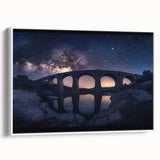 Framed canvas artwork depicting a serene landscape bridge scene with vibrant colors and intricate details, set against a white border, ideal for home decor.