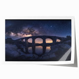 Landscape bridge design on a rolled print, showcasing vibrant colors and intricate details, packaged securely in a cardboard tube for easy transport and display.