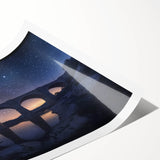 Rolled landscape art print depicting a serene bridge scene, showcasing vibrant colors and intricate details, packaged securely in a durable cardboard tube for safe delivery.