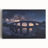 Stretched canvas artwork depicting a serene landscape bridge scene, showcasing vibrant colors and intricate details, ideal for home or office decor.