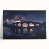Stretched canvas artwork depicting a serene landscape bridge scene over tranquil waters, featuring vibrant colors and intricate details, perfect for home decor.