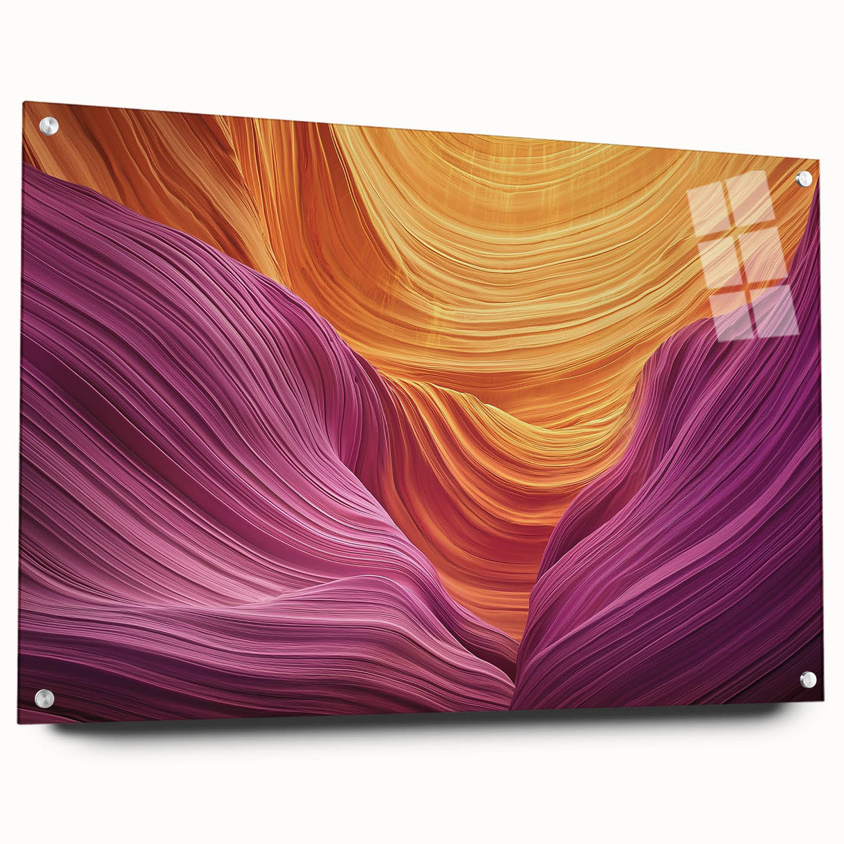 Acrylic landscape artwork depicting majestic canyons in vibrant colors, displayed from a side view with elegant pins for mounting. Ideal for home decor.