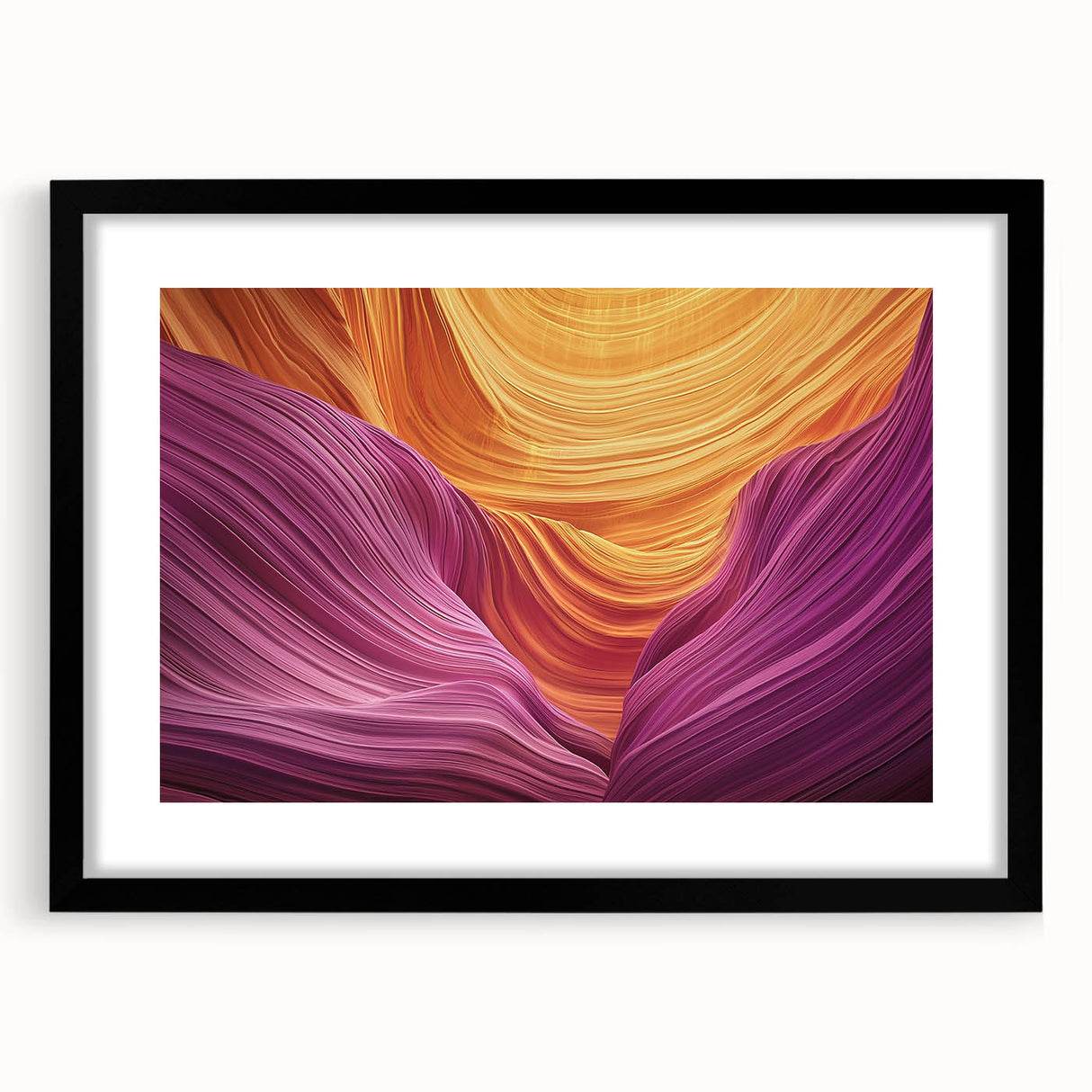 Framed landscape art print featuring vibrant canyons in earthy tones, set in a sleek black mat, ideal for enhancing modern home decor and art collections.