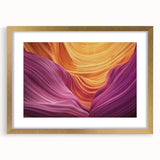 Landscape art print featuring majestic canyons framed in elegant gold with a mat border, showcasing warm earth tones and intricate details, perfect for home decor.