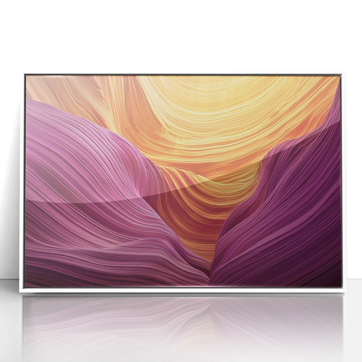Framed acrylic artwork showcasing a stunning landscape of canyons with rich earth tones and dramatic cliffs, emphasizing natural beauty in a white frame, perfect for home decor.