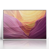 Framed acrylic artwork showcasing a stunning landscape of canyons with rich earth tones and dramatic cliffs, emphasizing natural beauty in a white frame, perfect for home decor.