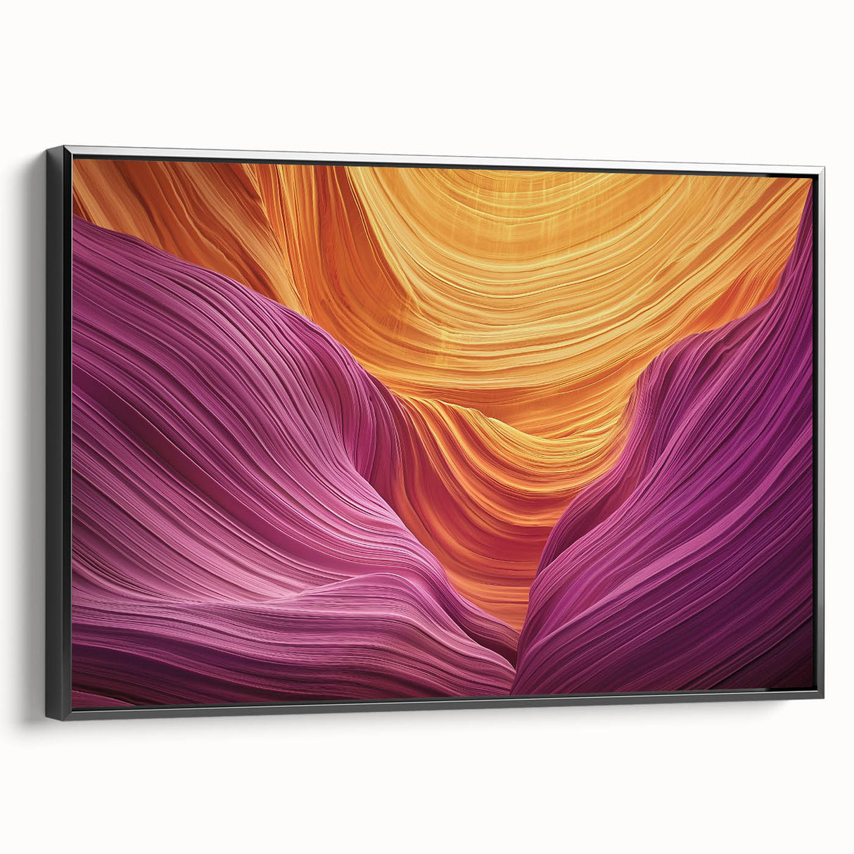 Framed landscape canvas artwork showcasing vibrant canyons in rich earthy tones, viewed from the side with a sleek black frame, ideal for modern home decor.