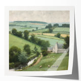 Landscape wall art print showcasing a serene countryside scene with rolling hills and a vibrant sky, presented in a glossy finish for a modern decor aesthetic.