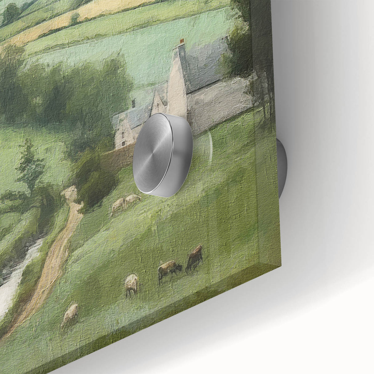 Close-up of vibrant landscape wall art showcasing rolling green hills and a serene blue sky, designed with acrylic glass for a modern touch in home decor.