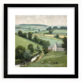 Framed landscape wall art showcasing a serene countryside scene, featuring lush greenery and rolling hills, with a sleek black mat and frame for an elegant display. Perfect for enhancing home decor with a touch of nature.