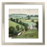 Framed landscape wall art depicting a serene countryside scene, featuring a silver mat and sleek frame, ideal for enhancing home decor aesthetics.