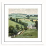 Framed landscape countryside wall art featuring vibrant green fields and a serene blue sky, elegantly displayed with a white mat, perfect for home decor.