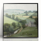 Framed landscape wall art showcasing a serene countryside scene in vibrant colors, featuring a black frame with acrylic glass for a sleek, modern look. Perfect for enhancing home decor with a touch of nature-inspired elegance.