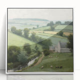 Framed acrylic wall art depicting a serene countryside landscape with verdant fields and a clear blue sky, ideal for enhancing home decor and creating a tranquil atmosphere.