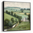 Framed landscape wall art depicting a serene countryside scene with lush greenery and rolling hills, presented in a sleek black frame, perfect for home decor.