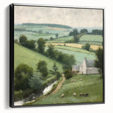 Framed landscape wall art depicting a serene countryside scene with lush greenery and rolling hills, presented in a sleek black frame, perfect for home decor.