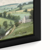 Framed canvas wall art depicting a vibrant landscape scene of rolling hills and lush greenery, showcasing intricate details and rich colors for a serene countryside aesthetic. Ideal for adding a touch of nature to home decor.