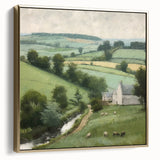Framed canvas wall art depicting a serene countryside landscape with golden and silver tones, ideal for enhancing home decor in living spaces or offices.
