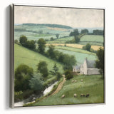 Framed canvas wall art showcasing a serene countryside landscape with vibrant colors, set in a sleek silver frame, perfect for home decor enhancement.