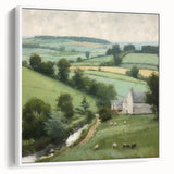 Framed landscape wall art depicting a serene countryside scene with vibrant green fields and a clear blue sky, set against a white frame, ideal for home decor.